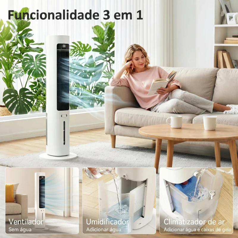 HOMCOM Climatizador Evaporativo 3 em 1 com Depósito de 3 L Oscilação 48° 3 Velocidades 3 Modos Temporizador 12h Branco