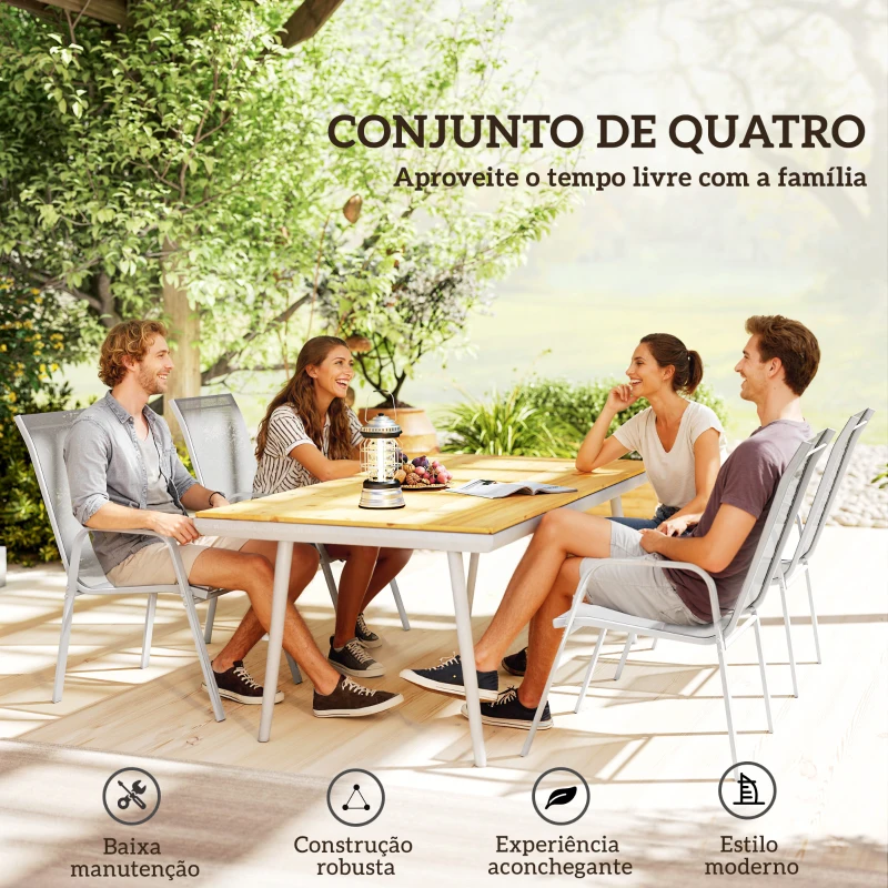 Outsunny Conjunto de 4 Cadeiras de Exterior Empilháveis com Assento de Textilene para Jardim Terraço 54x75,5x95 cm Cinzento Claro