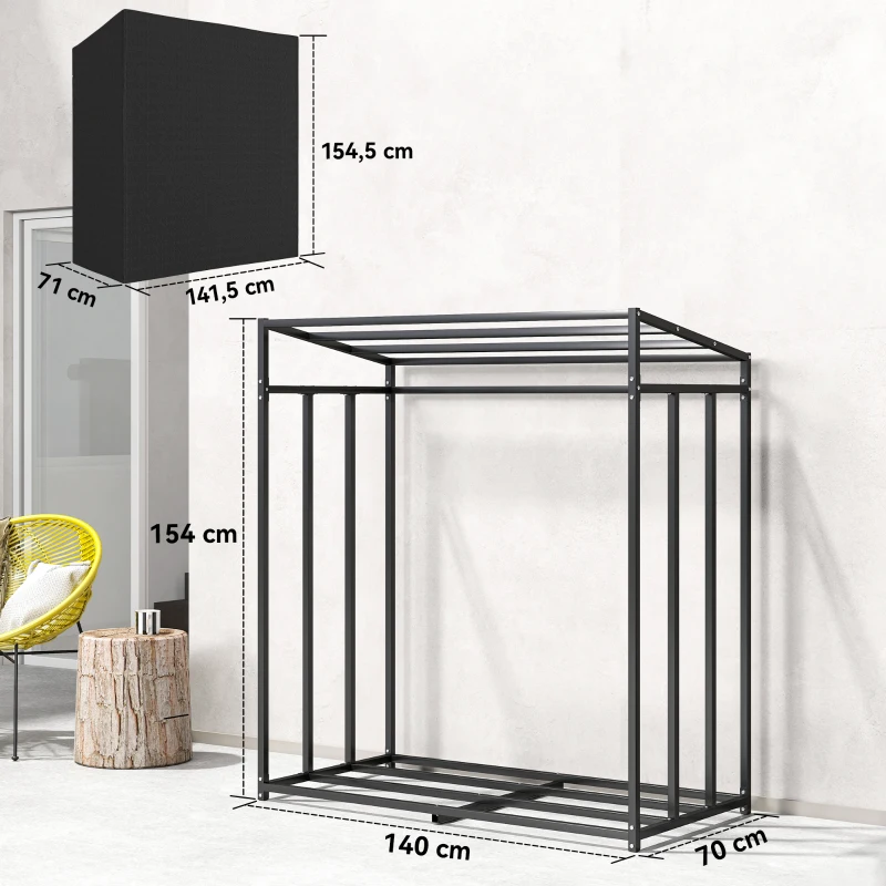 Outsunny Leñero Exterior Metálico de Chimenea Soporte para Leña con Cubierta Impermeable Carga 300 kg 140x70x154 cm Negro