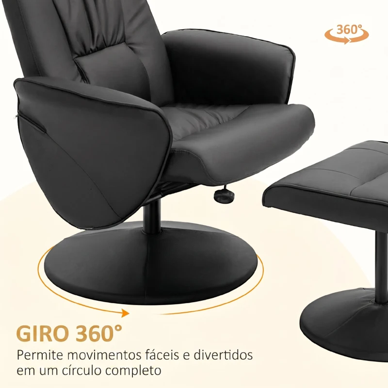HOMCOM Poltrona Relax com Apoio para os Pés Estofada em PU Poltrona Relax Reclinável até 145° e Giratório 360° com Encosto Ajustável para Sala de Estar Dormitório Escritório 81x81x105cm Preto