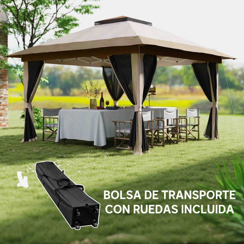 Outsunny Cenador Plegable 3,6x3,6 m con Laterales de Malla UPF50+ Altura Ajustable Bolsa con Ruedas y Bolsas de Arena Beige