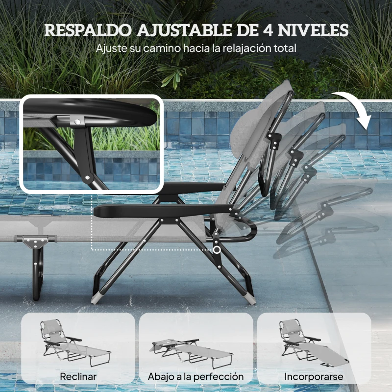 Outsunny Tumbona Plegable Respaldo Ajustable Orificio de Lectura Reposacabezas y Brazos Carga 120 kg 145x72x89 cm Gris Oscuro