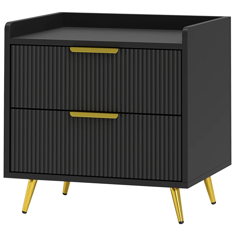 HOMCOM Noptieră, masă de noapte cu 2 sertare canelate, picioare metalice aurii, 50 x 40 x 50 cm, negru