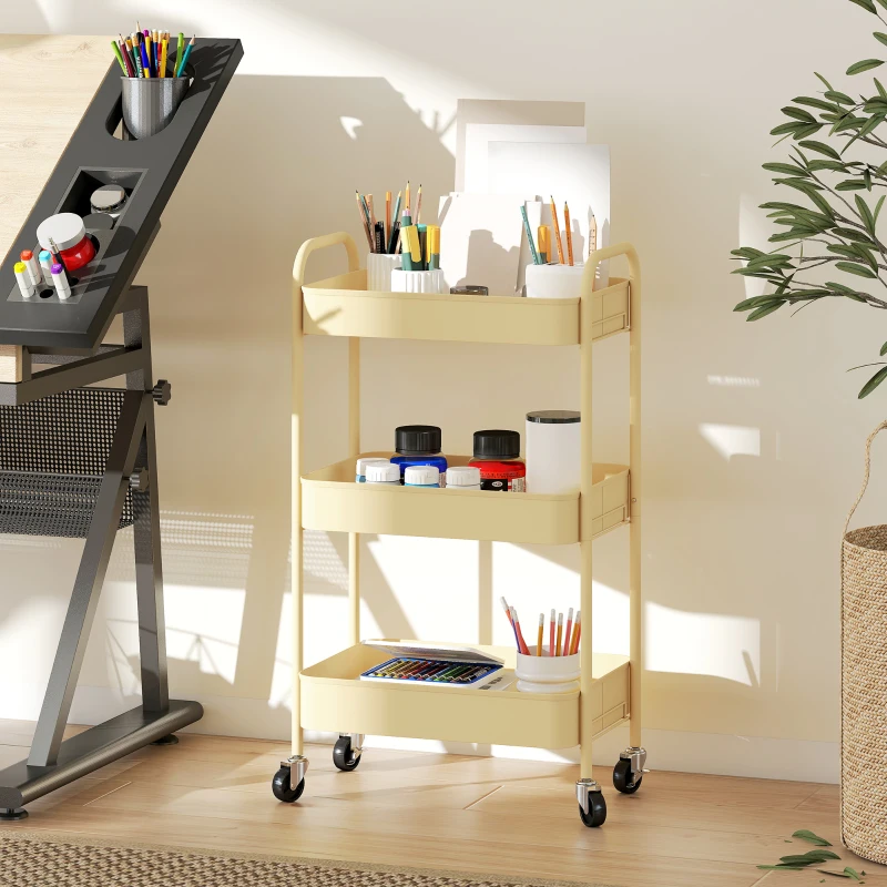 HOMCOM Carrinho Auxiliar com Rodas de 3 Níveis Carrinho de Cozinha com 3 Cestos e 2 Pegas 45x30,6x79 cm Amarelo