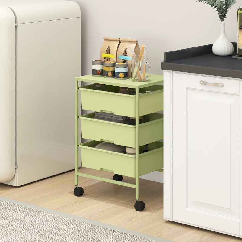 HOMCOM Carrinho Auxiliar com Rodas Carrinho de Cozinha de 3 Níveis com 3 Cestos e Estrutura de Aço 40,8x33,5x60,5 cm Verde