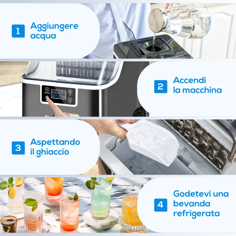 HOMCOM Macchina per Ghiaccio 20kg in 24 Ore, 24 Cubetti in 14-18 Minuti e Sistema Autopulente, Nero
