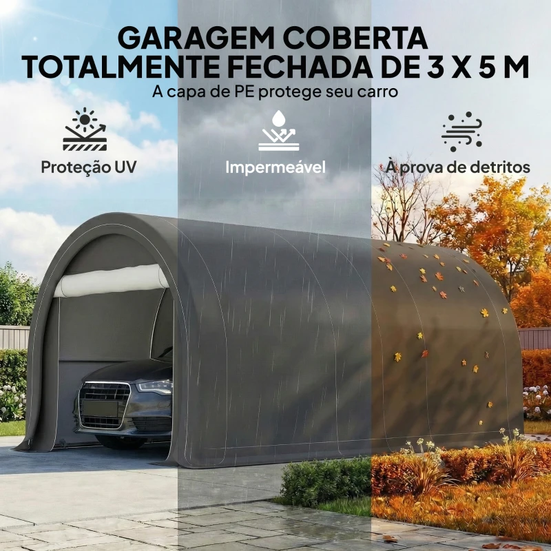 Outsunny Garagem Exterior para Carro 3x5 m Impermeável com Tecido PE Resistente Estrutura de Aço Galvanizado UPF30+ Cinzento