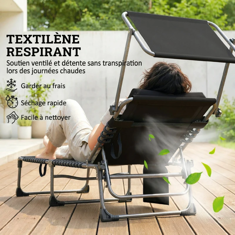 Outsunny Bain de Soleil 5 Positions Inclinables, avec Canopy Coussin Appuie-tête Poche Latérale, 190x57x30cm, Gris Foncé