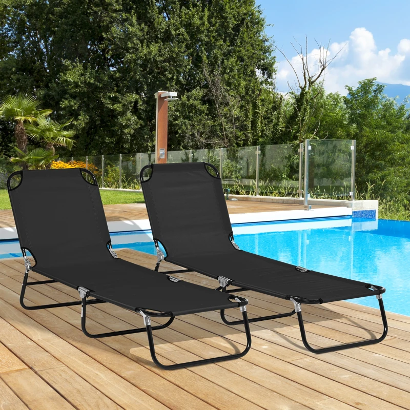 Outsunny Lot de 2 bain de soleil, chaise longue pliante avec dossier inclinable sur 5 positions, structure en acier, noir