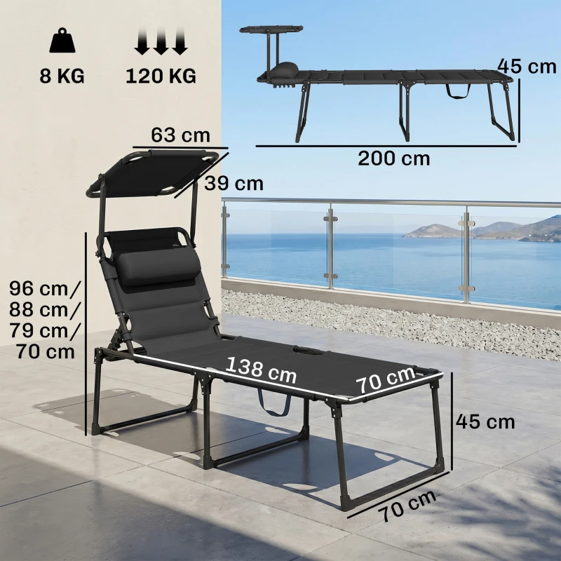 Outsunny Bain de soleil chaise longue pliante avec pare-soleil, appuie-tête inclinable en tissu Oxford 70 x 200 x 45 cm, noir
