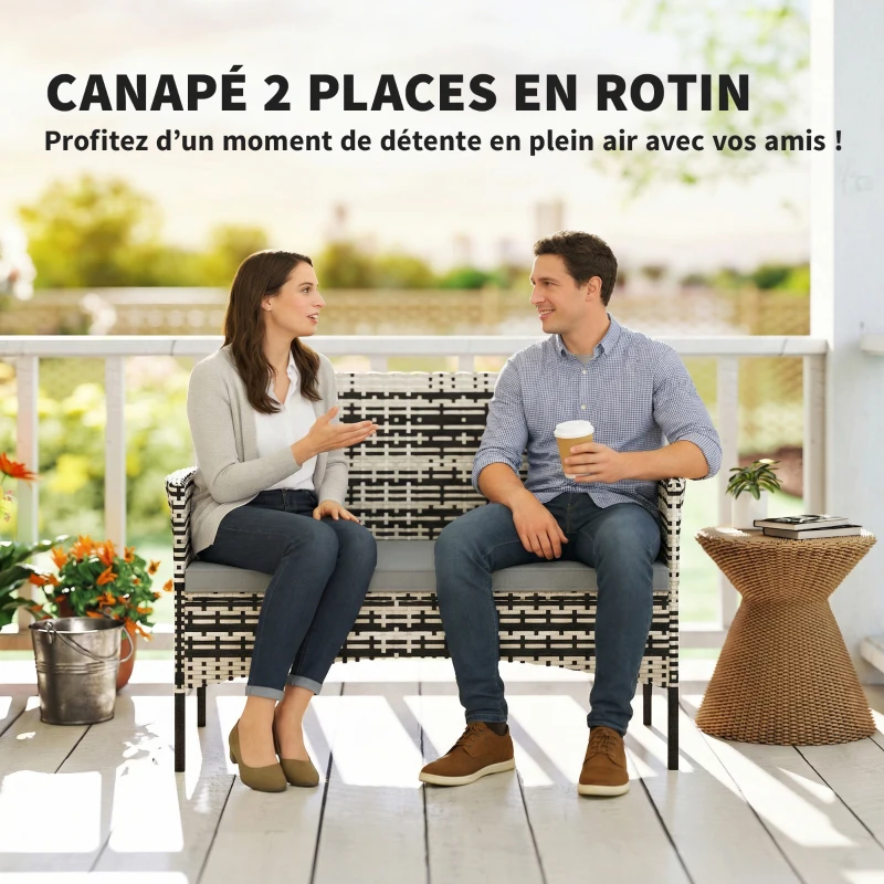 Outsunny Canapé de jardin 2 places en résine tressée avec coussins canapé d'extérieur avec accoudoirs 115 x 63 x 85 cm gris clair