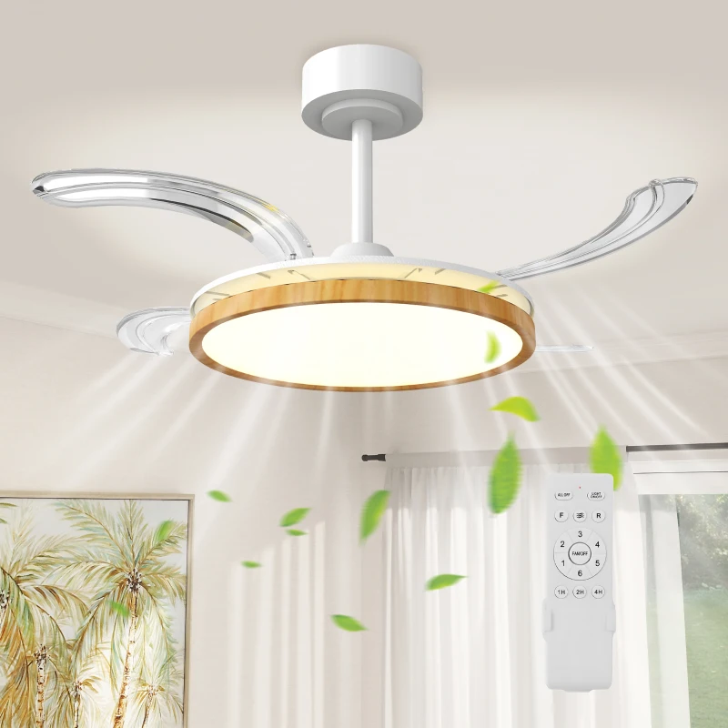 HOMCOM Ventilateur de plafond avec lumière et télécommande, plafonnier ventilateur 95 cm avec pales rétractables, bois naturel