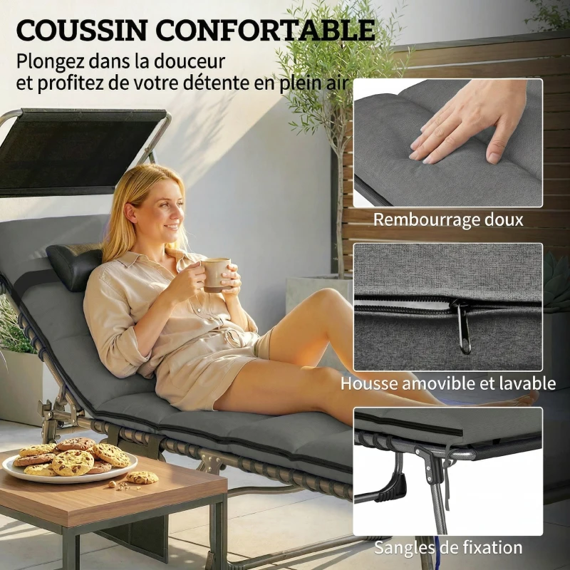 Outsunny Bain de Soleil 5 Positions Inclinables, avec Canopy Coussin Appuie-tête Poche Latérale, 190x57x30cm, Gris Foncé
