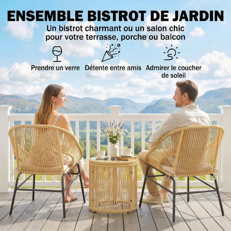 Outsunny Ensemble Bistro Salon de Balcon 3 Pièces 2 Fauteuils Confortables et Table en Verre Trempé Coussins Déhoussables Beige