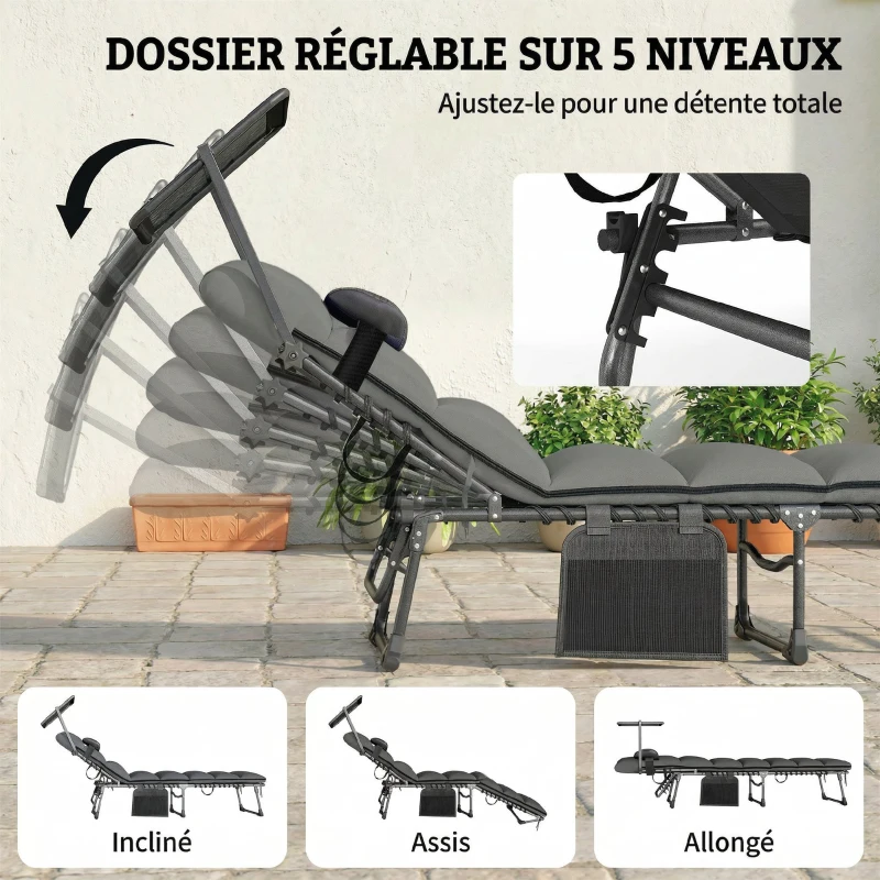 Outsunny Bain de Soleil 5 Positions Inclinables, avec Canopy Coussin Appuie-tête Poche Latérale, 190x57x30cm, Gris Foncé