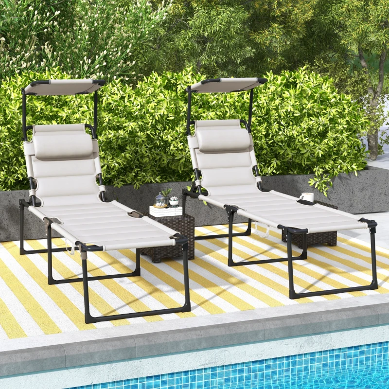 Outsunny Lot de 2 Bains de soleil transats pliables grand confort dossier pare-soleil réglables multi-positions, crème