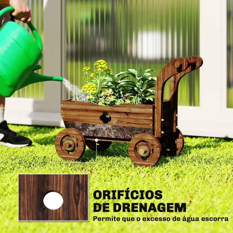 Outsunny Carrinho de Madeira Decorativo Vaso Elevado com 4 Rodas Pega Orifícios de Drenagem 68x38x52 cm Carbonizado