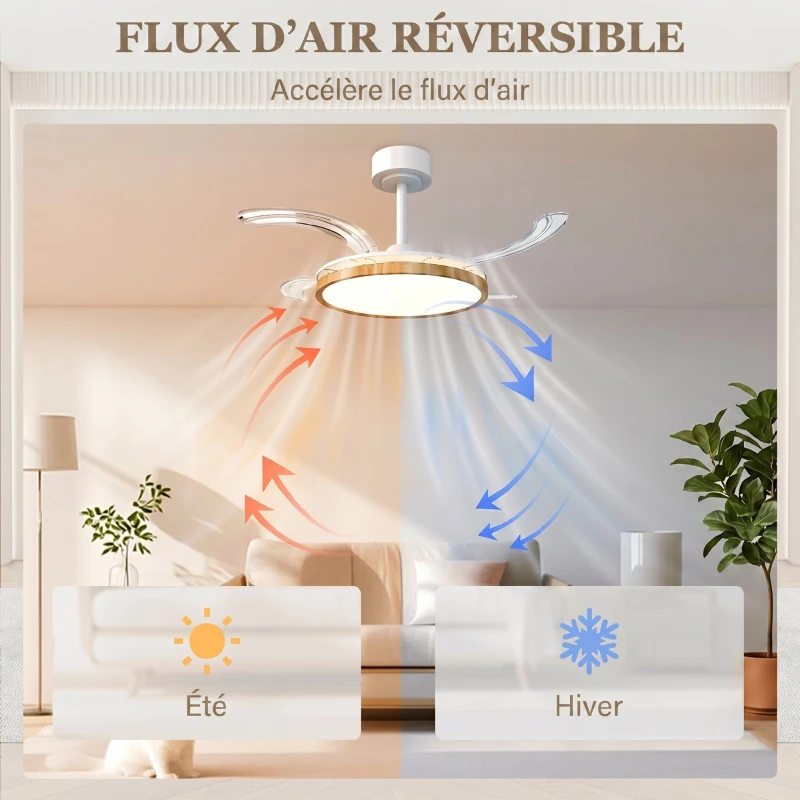 HOMCOM Ventilateur de plafond avec lumière et télécommande, plafonnier ventilateur 95 cm avec pales rétractables, bois naturel