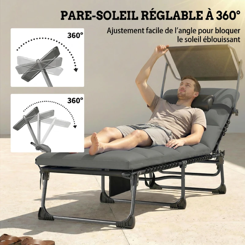 Outsunny Bain de Soleil 5 Positions Inclinables, avec Canopy Coussin Appuie-tête Poche Latérale, 190x57x30cm, Gris Foncé