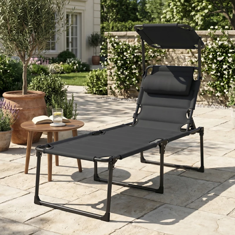 Outsunny Bain de soleil chaise longue pliante avec pare-soleil, appuie-tête inclinable en tissu Oxford 70 x 200 x 45 cm, noir