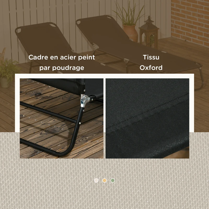 Outsunny Lot de 2 bain de soleil, chaise longue pliante avec dossier inclinable sur 5 positions, structure en acier, noir