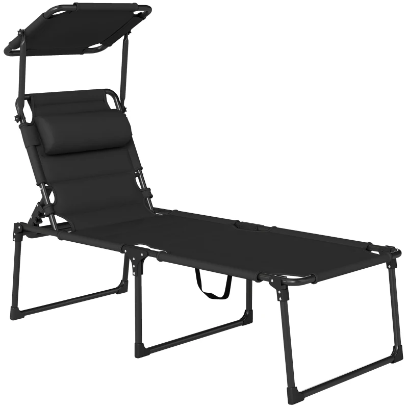 Outsunny Bain de soleil chaise longue pliante avec pare-soleil, appuie-tête inclinable en tissu Oxford 70 x 200 x 45 cm, noir