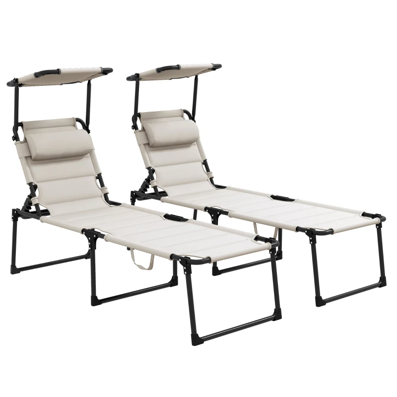 Outsunny Lot de 2 Bains de soleil transats pliables grand confort dossier pare-soleil réglables multi-positions, crème