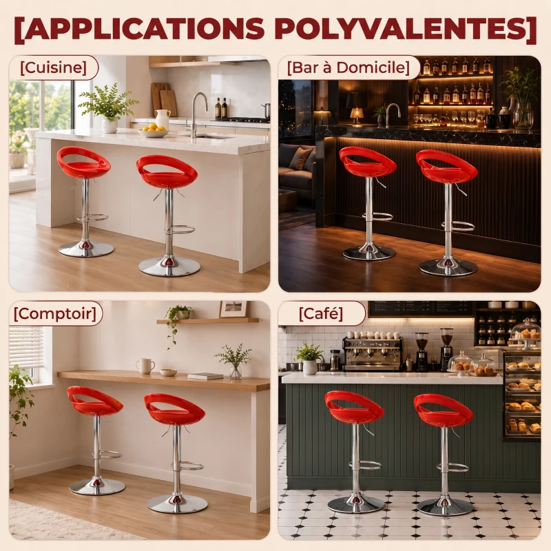 HOMCOM Lot de 2 tabourets de bar chaises de bar hauteur réglable dossier et repose-pieds pivotant à 360° 46x41x76-96cm rouge