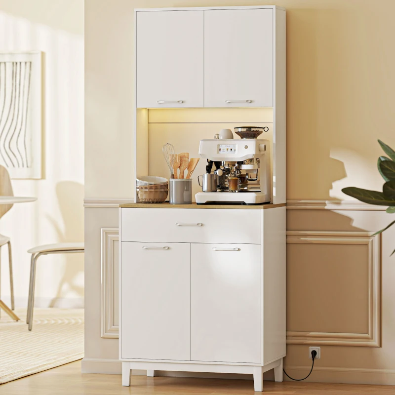 HOMCOM Credenza da Cucina con Luci LED, Stazione di Ricarica, 4 Ante, Cassetto e Piano Aperto, 71x40x180 cm, Bianco