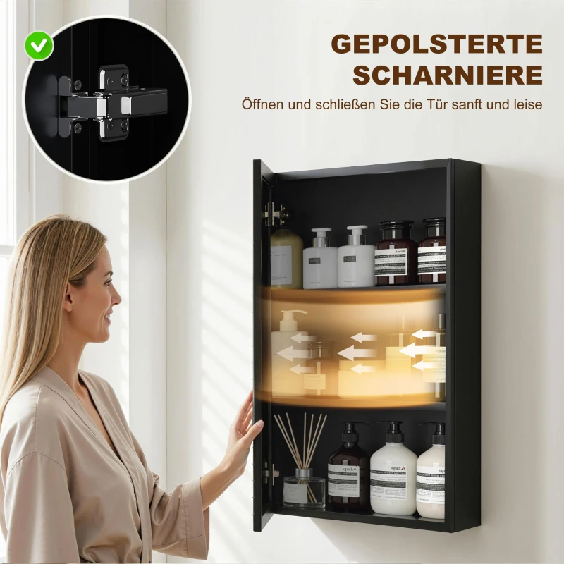 kleankin Spiegelschrank, Badschrank, 3 Regalfächer, Edelstahl, 40x12x60cm, Schwarz
