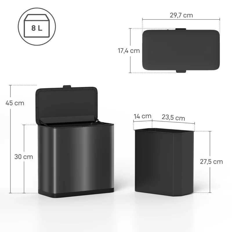 HOMCOM 8 L Mülleimer, freistehend oder hängend platzierbar, Edelstahl, Schwarz