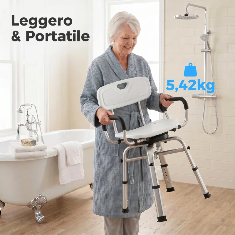 HOMCOM Sedia per Doccia Girevole ad Altezza Regolabile con Braccioli, Schienale, Capacità 150 kg, Bianco