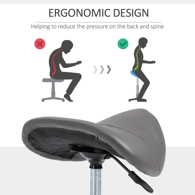 HOMCOM Rollhocker, sattelförmiger Sitz, höhenverstellbar, um 360° drehbar, Kunstleder, dunkelgrau, 53 x 52 x 49-61 cm