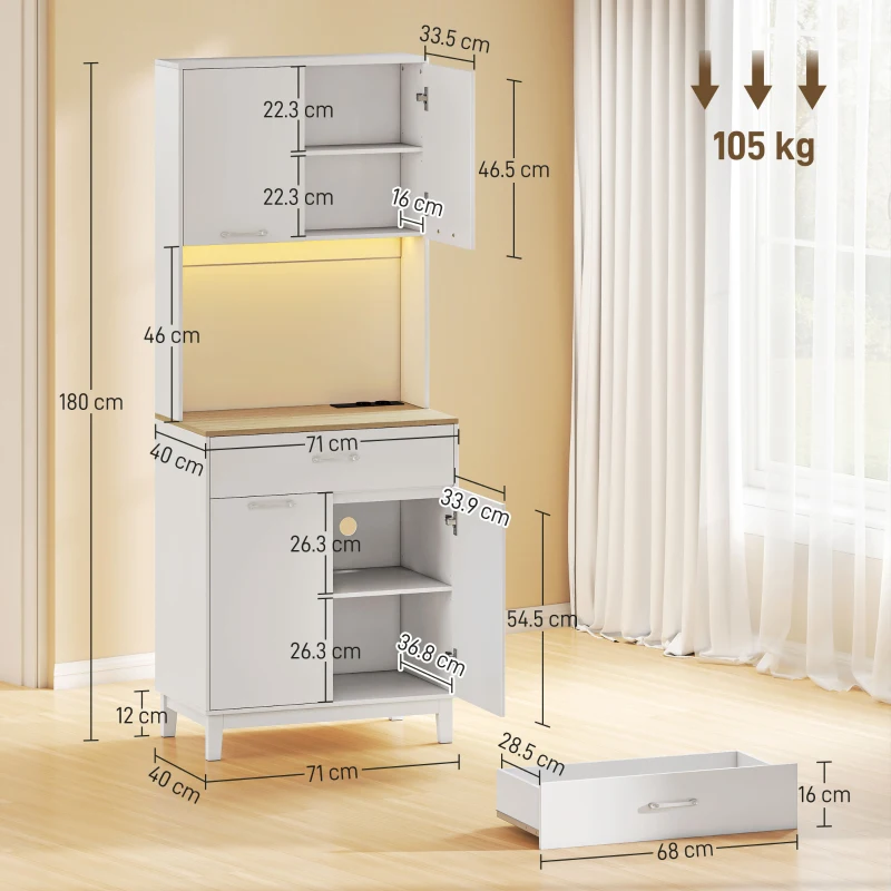 HOMCOM Credenza da Cucina con Luci LED, Stazione di Ricarica, 4 Ante, Cassetto e Piano Aperto, 71x40x180 cm, Bianco