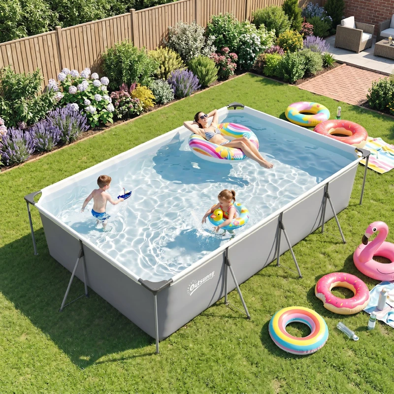 Outsunny Piscina Desmontável Tubular 394,5x208,3x80,5 cm 6075 L Retangular com Estrutura Metálica para 4-6 Pessoas Cinzento