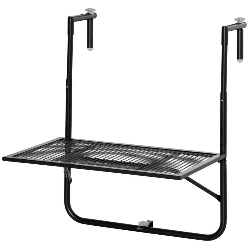 Outsunny Mesa Colgante para Balcón Plegable de Metal con Altura Ajustable en 4 Niveles Carga 10 kg 60x60x57-72 cm Negro
