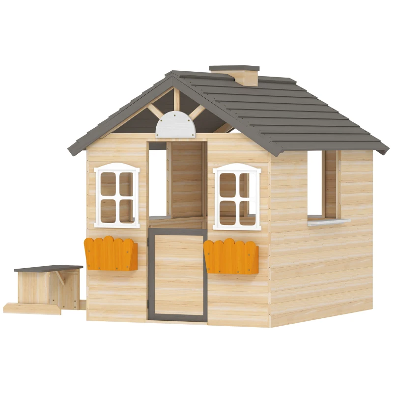 Outsunny speelhuis voor kinderen, houten kinderspeelhuis met raam, brievenbus, buitentuin speelhuis met bloempottenrek, houten speelhuis voor 3-7 jaar, dennenhout, naturel, 113 x 94 x 134,5 cm