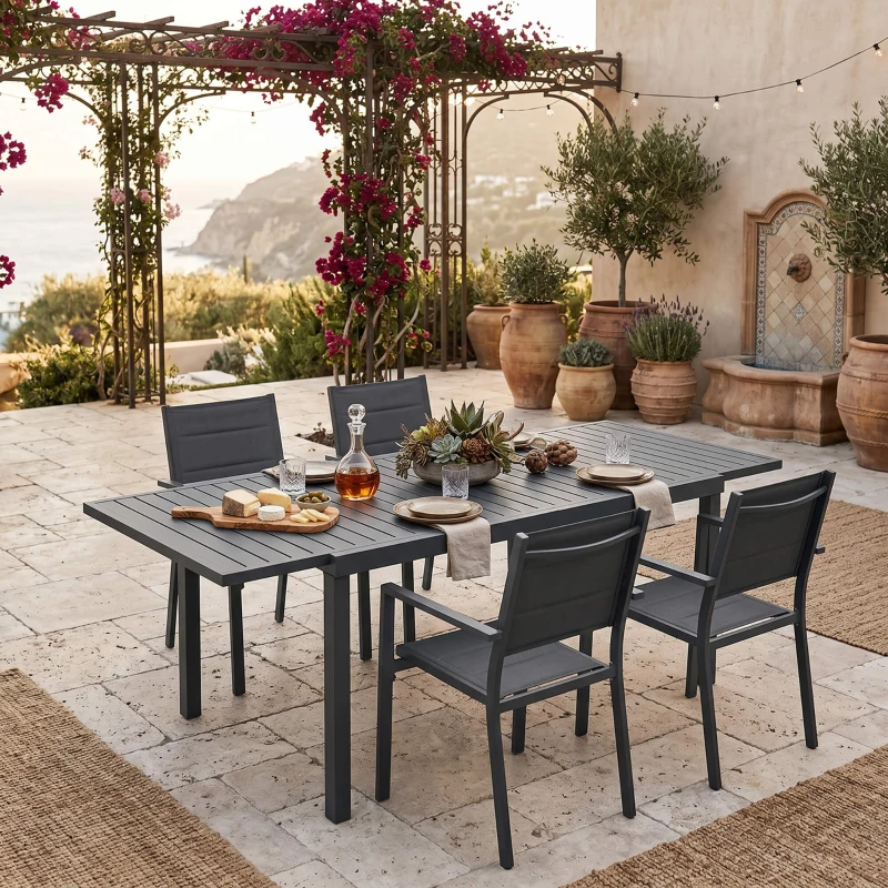 Outsunny Masă de Grădină Extensibilă pentru 6-8 Persoane, Aluminiu cu Blat cu Lamele, Negru