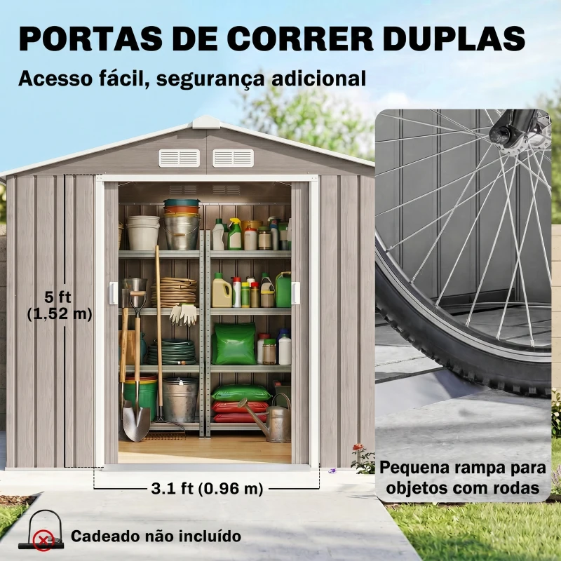 Outsunny Abrigo de Jardim 213x130x185 cm Abrigo de Jardim Metálico de Exterior com 2 Portas Deslizantes e 4 Janelas Madeira