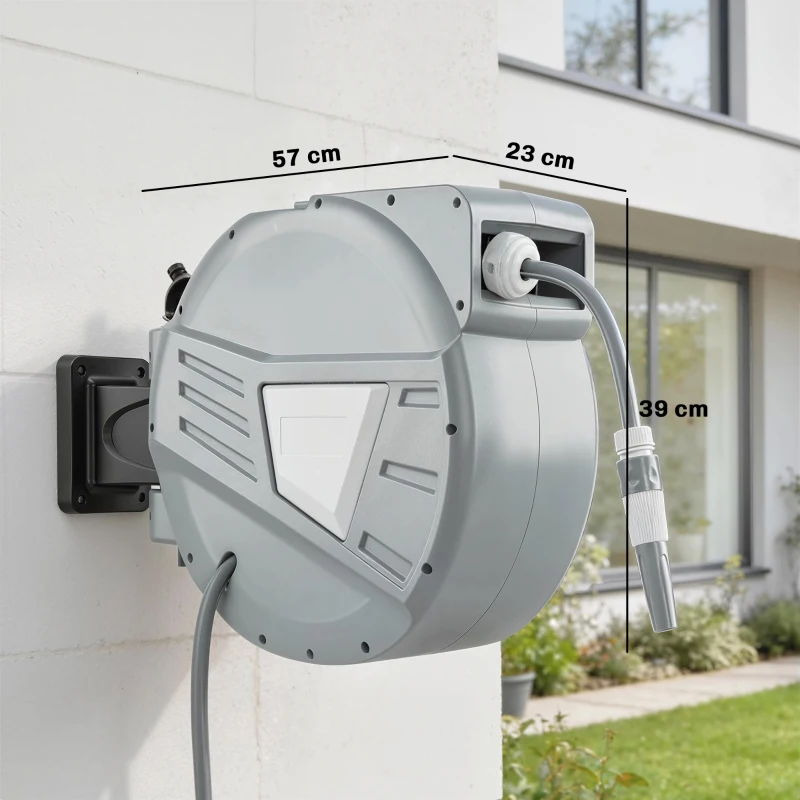 Outsunny Enrouleur Tuyau Arrosage Mural 30+2 m x Ø 15mm, Dévidoir de Tuyaux d'Eau Rétractable Automatique Pivotant à 180°, Gris