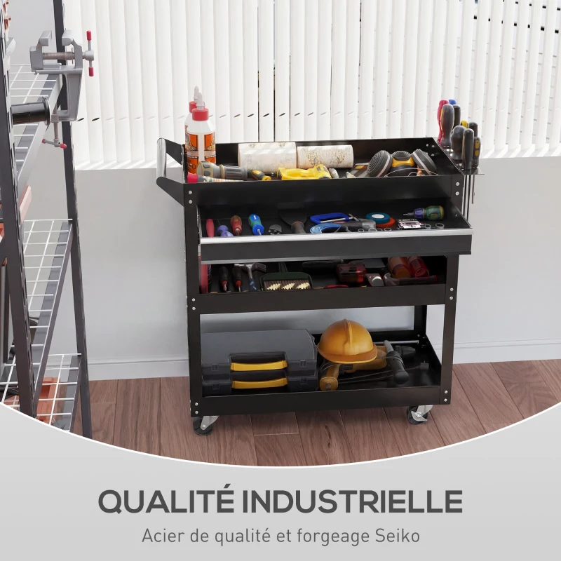 DURHAND Chariot d'atelier servante atelier à 3 niveaux avec tiroir, porte-outils latéral et poignée, 82x35x76 cm, noir