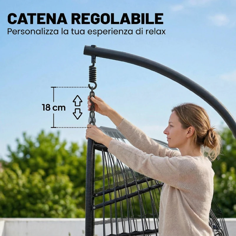 Outsunny Sedia a Uovo Sospesa, Altalena Esterno con Supporto e Cinghia Sicurezza, Nero/Grigio Chiaro