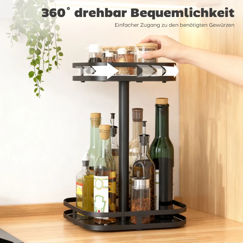 HOMCOM Drehbares Gewürzregal, 2-stufiges Design, Saugfüße, Metall, Schwarz