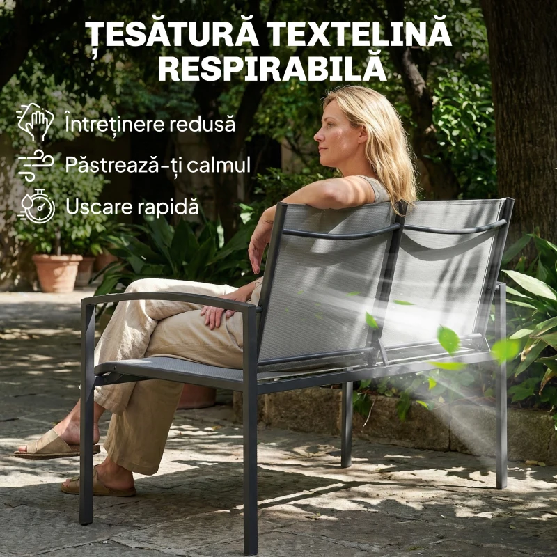 Outsunny bancă de grădină din metal, 2 locuri, material respirabil Texteline, culoare gri.