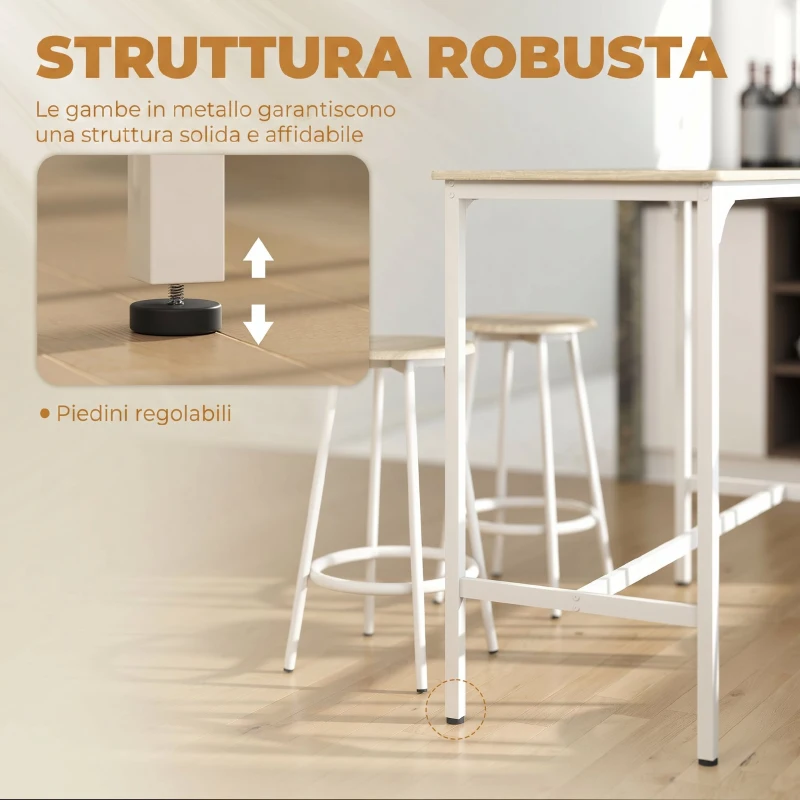 HOMCOM Set da Pranzo 5 Pezzi con Bancone da Bar 110x50x89.5 cm e Sgabelli Ø30x60.5 cm in Legno e Metallo Color Legno