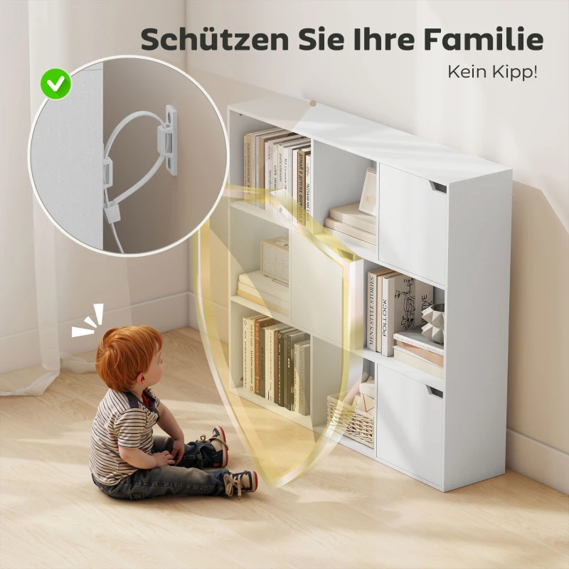 HOMCOM Bücherregal, 9 Fächern, 3 Türen, 6 offene Regale, für Wohnzimmer, Schlafzimmer, Spanplatte, Weiß
