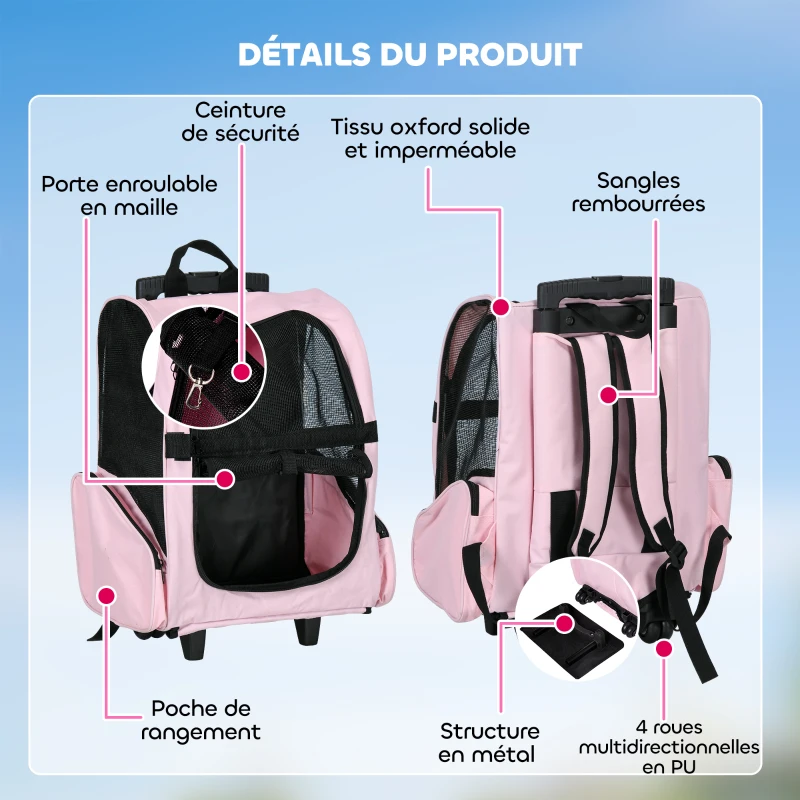 PawHut Sac de transport à roulettes pour chien 2 en 1 trolley chariot sac à dos pour chien chat avec poignée téléscopique, sacs de rangement, aérations, attache de sécurité, 42 x 25 x 55 cm, rose