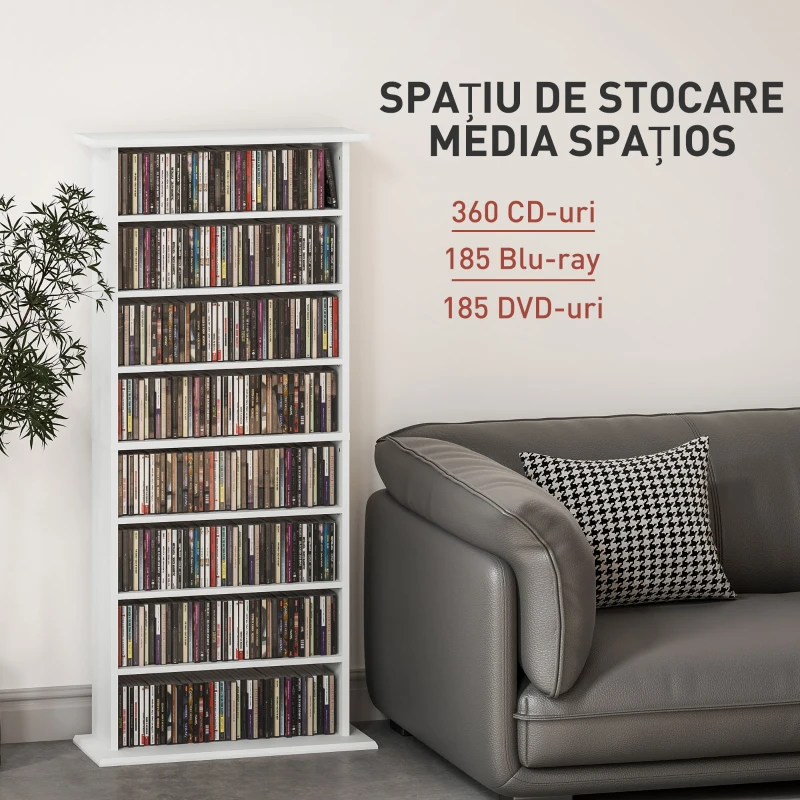 HOMCOM Raft pentru CD-uri cu 6 rafturi reglabile, capacitate de 360 CD-uri/185 DVD-uri, 58x24x124,5 cm, alb