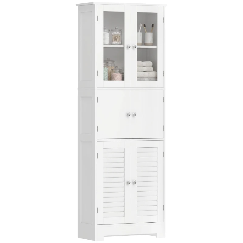 HOMCOM Mueble alto de baño, mueble de almacenamiento con 6 puertas incl. 2 acristaladas y 2 persianas, estante regulable, blanco