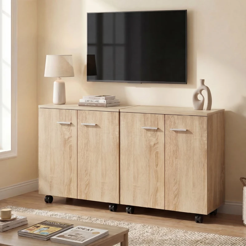 HOMCOM Meuble de Rangement Buffet bas sur roulettes avec 2 Portes étagère Interne 60 x 35 x 65 cm bois naturel
